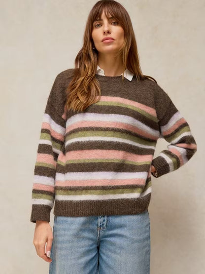White Stuff Blurred Stripe Jumper Brown. Women's Crew Neck jumper with Long Sleeve that Machine Washable. Material: 84% Recycled polyester, 14% Acrylic & 2% Elastane Style