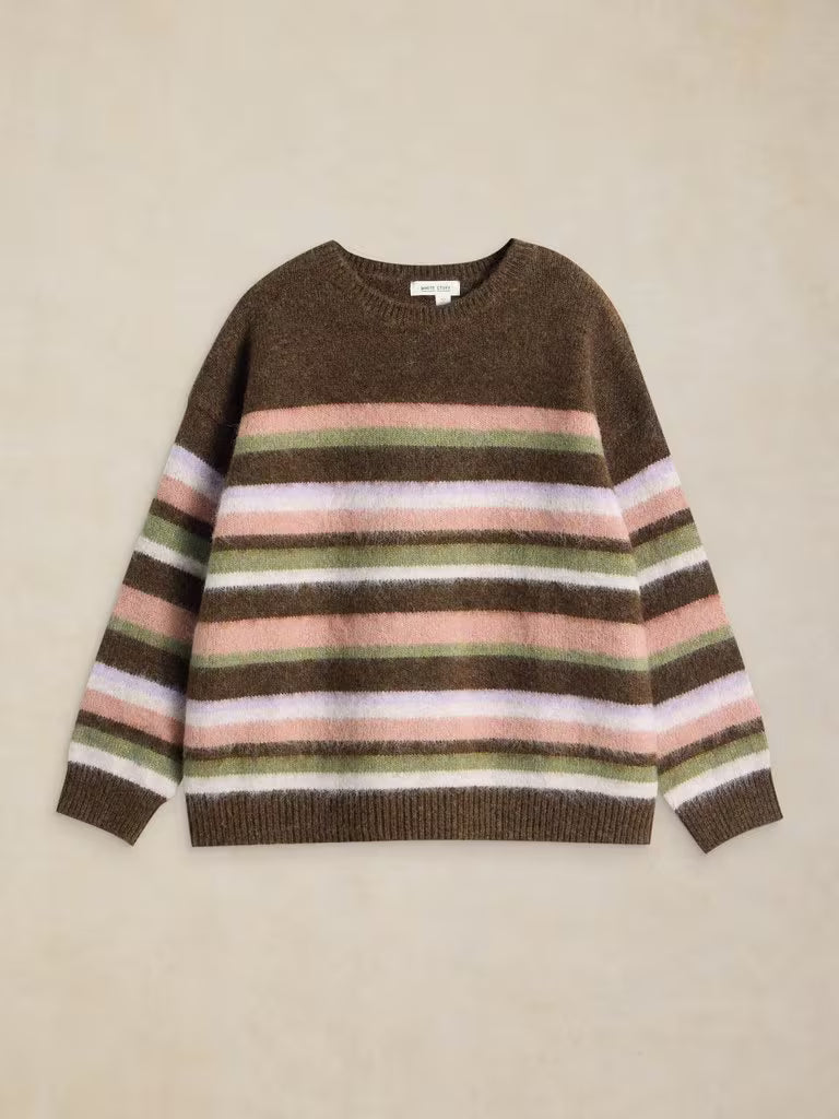 White Stuff Blurred Stripe Jumper Brown. Women's Crew Neck jumper with Long Sleeve that Machine Washable. Material: 84% Recycled polyester, 14% Acrylic & 2% Elastane Style