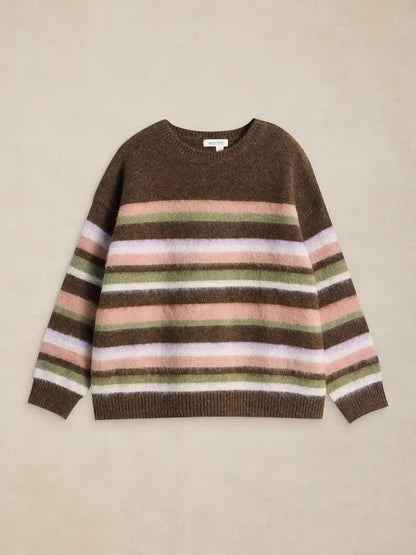 White Stuff Blurred Stripe Jumper Brown. Women's Crew Neck jumper with Long Sleeve that Machine Washable. Material: 84% Recycled polyester, 14% Acrylic & 2% Elastane Style