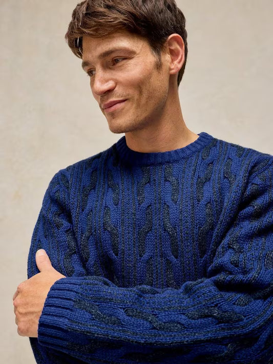 White Stuff Brixham Cable Jumper Bright Blue. Mens Round Neck jumper with Long Sleeve and Regular Fit that's Machine Washable Material: 80% Lambswool & 20% Nylon