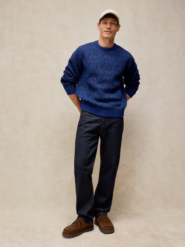 White Stuff Brixham Cable Jumper Bright Blue. Mens Round Neck jumper with Long Sleeve and Regular Fit that's Machine Washable Material: 80% Lambswool & 20% Nylon
