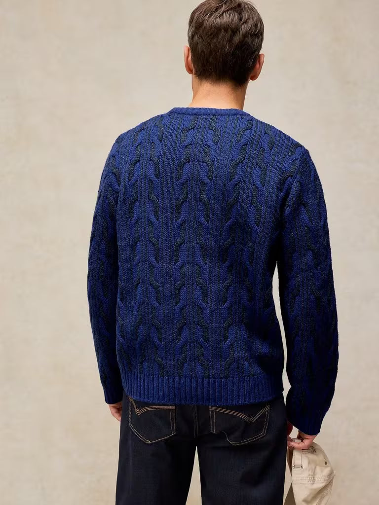 White Stuff Brixham Cable Jumper Bright Blue. Mens Round Neck jumper with Long Sleeve and Regular Fit that's Machine Washable Material: 80% Lambswool & 20% Nylon