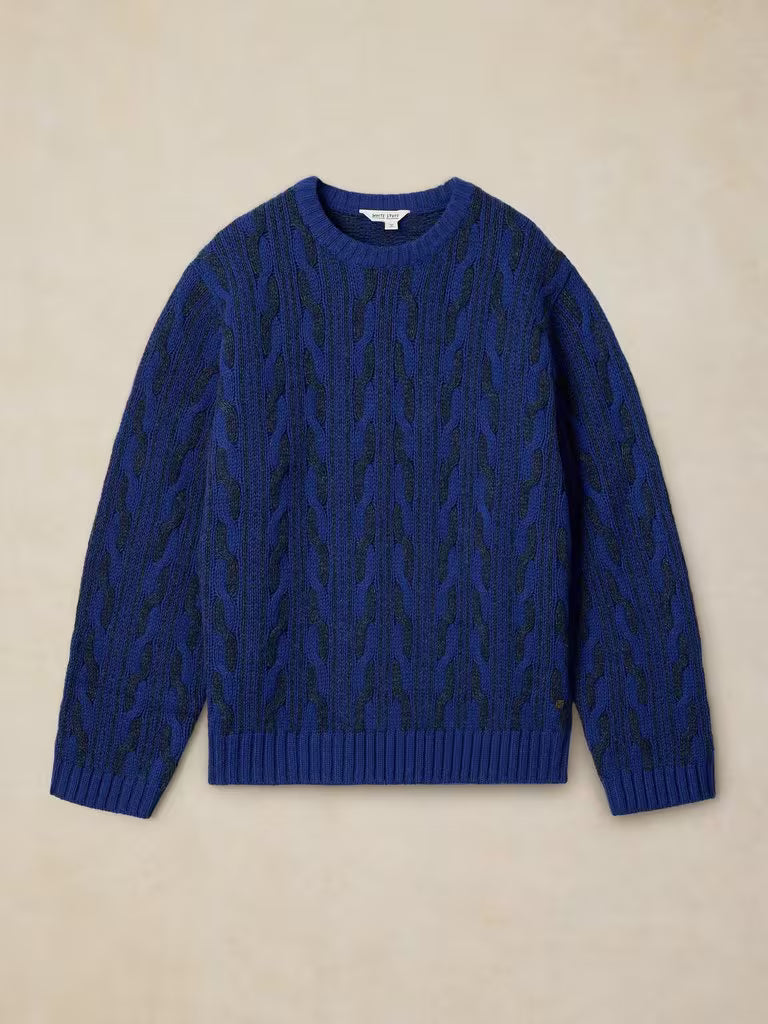 White Stuff Brixham Cable Jumper Bright Blue. Mens Round Neck jumper with Long Sleeve and Regular Fit that's Machine Washable Material: 80% Lambswool & 20% Nylon