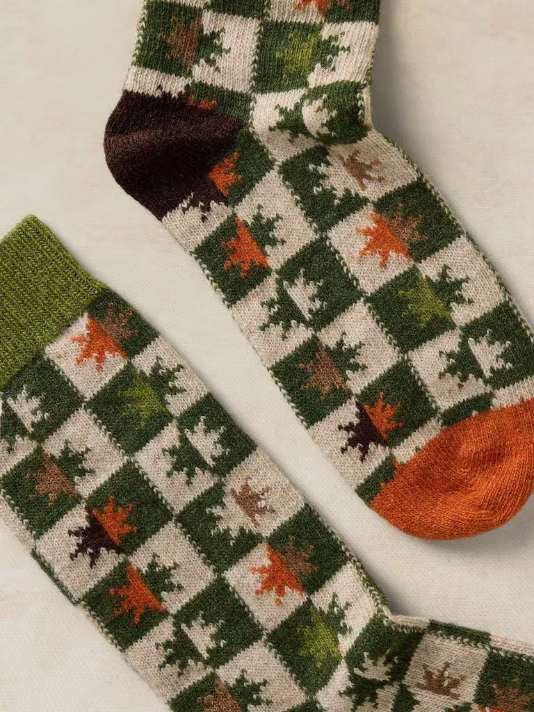 White Stuff Checkerboard Star Cosy Sock Green Multi