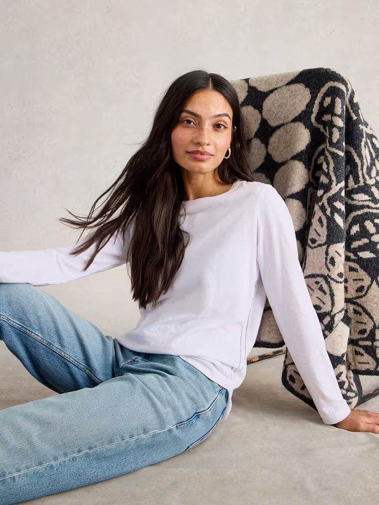White Stuff Clara LS Tee Brilliant White womens Crew Neck with Long Sleeve and a Regular Fit that's Machine Washable Colour: Brilliant White Material: 100% Cotton