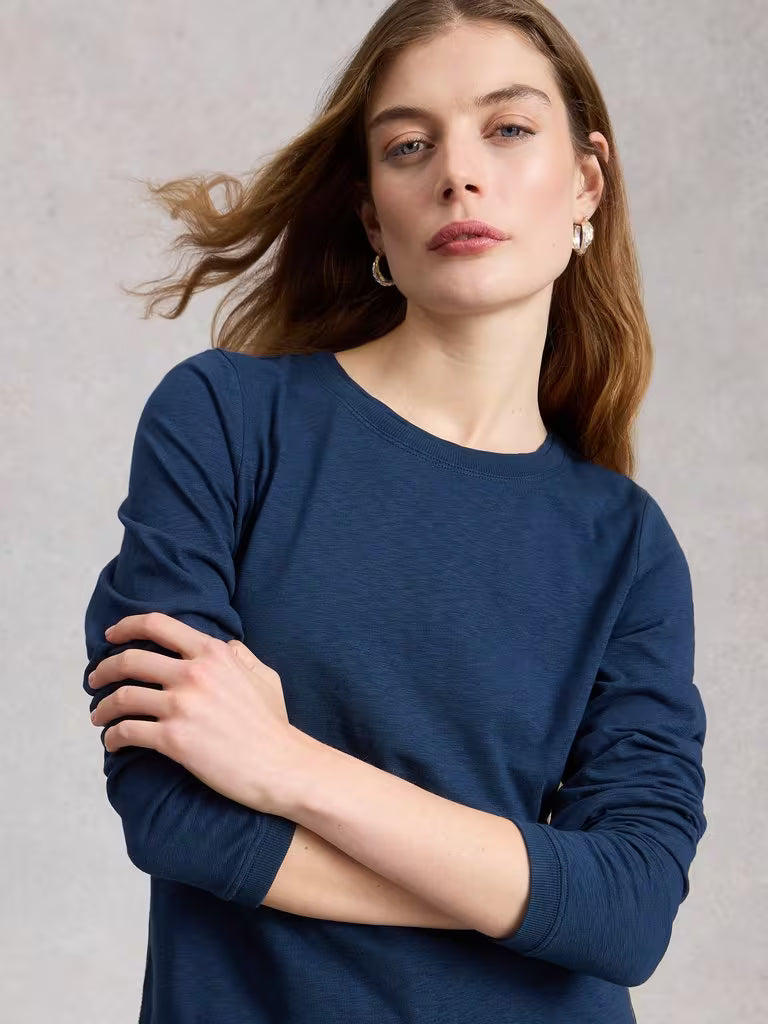 White Stuff Clara LS Tee Dark Navy womens Crew Neck with Long Sleeve and a Regular Fit that's Machine Washable Colour: Dark Navy Material: 100% Cotton