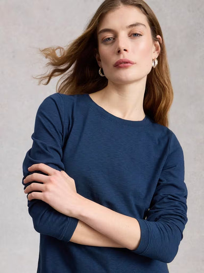 White Stuff Clara LS Tee Dark Navy womens Crew Neck with Long Sleeve and a Regular Fit that's Machine Washable Colour: Dark Navy Material: 100% Cotton
