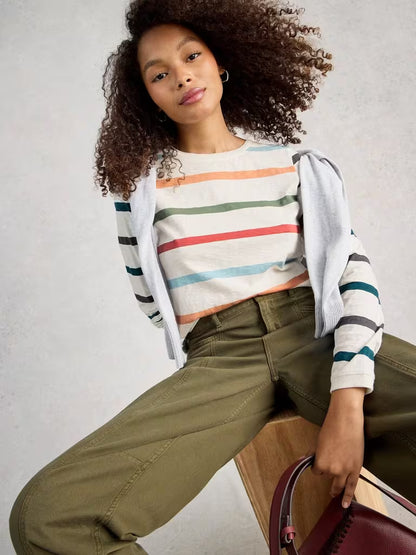 White Stuff Clara Long Sleeve Striped Tee Ivory Multi womens Crew Neck with a Long Sleeve that's Regular Fit and Machine Washable Colour: Ivory Multi Material: 100% Cotton