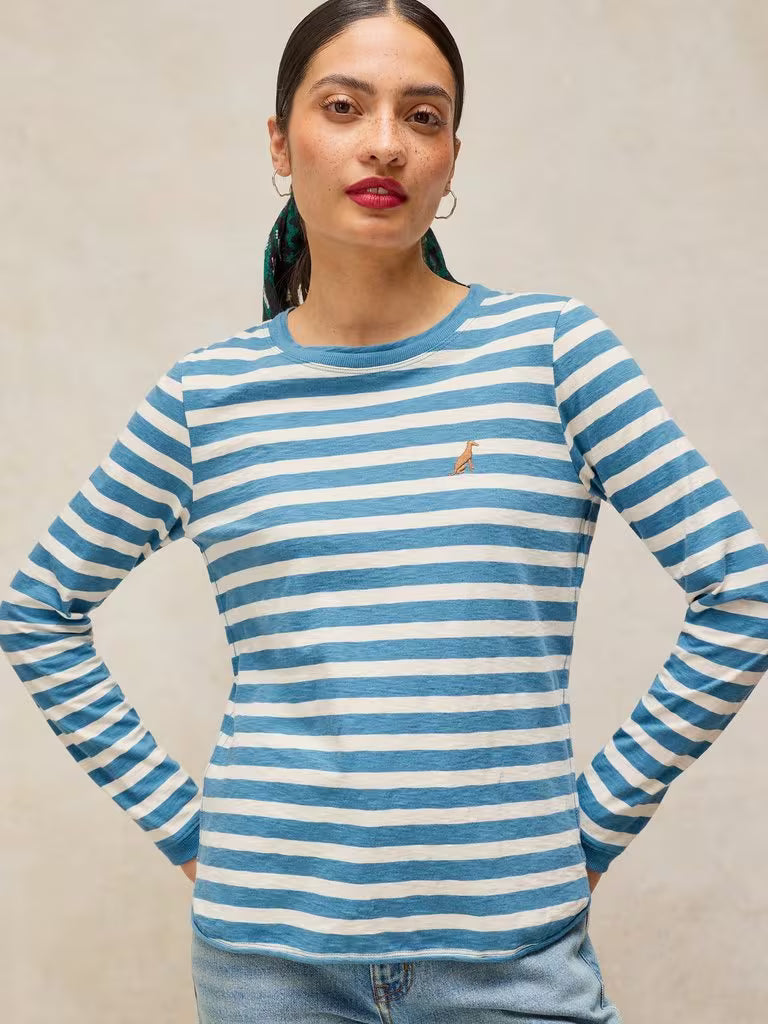 White Stuff Clara Stripe Embroidered Tee Ivory Multi. Womens Crew Neck top with Long Sleeve and Regular Fit that's Machine Washable. Material: 100% Cotton