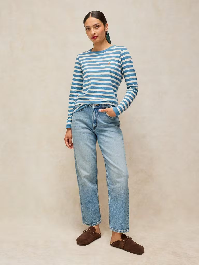 White Stuff Clara Stripe Embroidered Tee Ivory Multi. Womens Crew Neck top with Long Sleeve and Regular Fit that's Machine Washable. Material: 100% Cotton