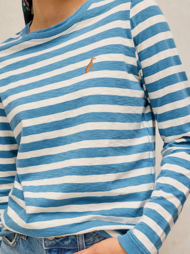 White Stuff Clara Stripe Embroidered Tee Ivory Multi. Womens Crew Neck top with Long Sleeve and Regular Fit that's Machine Washable. Material: 100% Cotton
