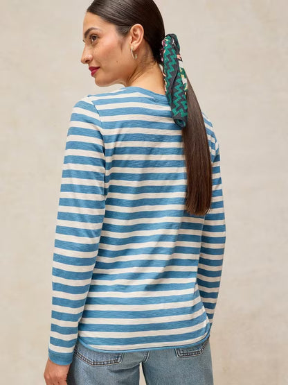 White Stuff Clara Stripe Embroidered Tee Ivory Multi. Womens Crew Neck top with Long Sleeve and Regular Fit that's Machine Washable. Material: 100% Cotton