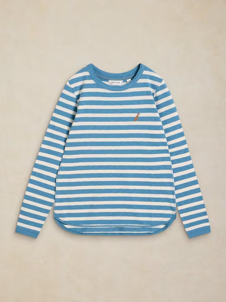 White Stuff Clara Stripe Embroidered Tee Ivory Multi. Womens Crew Neck top with Long Sleeve and Regular Fit that's Machine Washable. Material: 100% Cotton