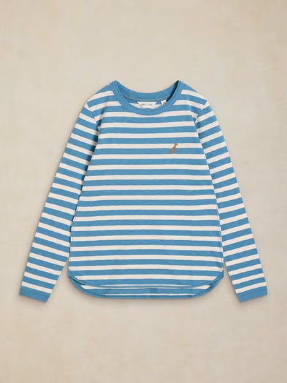 White Stuff Clara Stripe Embroidered Tee Ivory Multi. Womens Crew Neck top with Long Sleeve and Regular Fit that's Machine Washable. Material: 100% Cotton