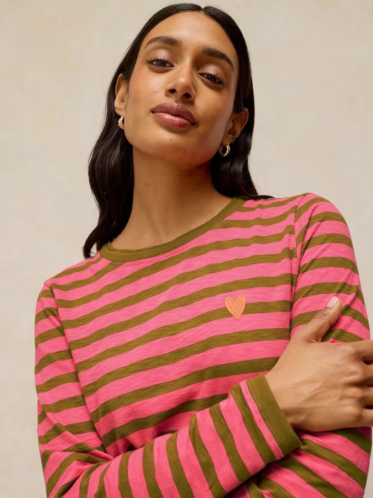 White Stuff Clara Stripe Embroidered Tee Pink Multi. Womens Crew Neck top with Long Sleeve and Regular Fit that's Machine Washable. Material: 100% Cotton
