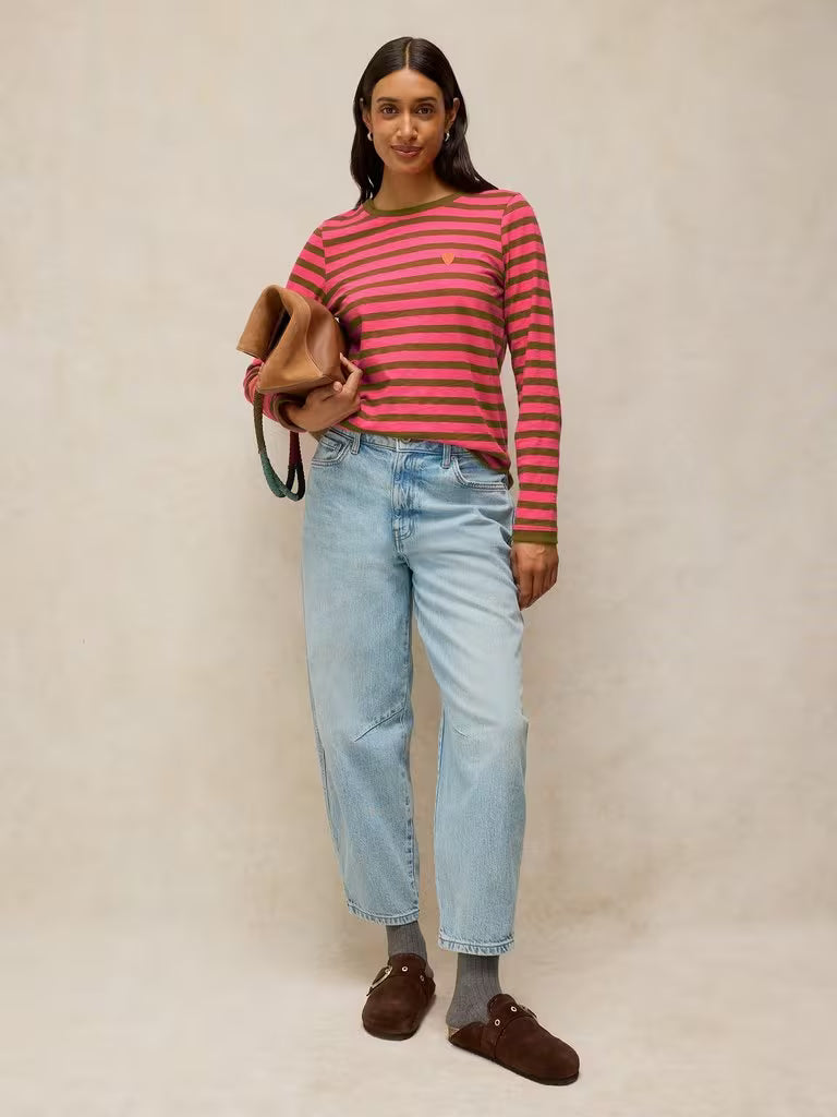 White Stuff Clara Stripe Embroidered Tee Pink Multi. Womens Crew Neck top with Long Sleeve and Regular Fit that's Machine Washable. Material: 100% Cotton