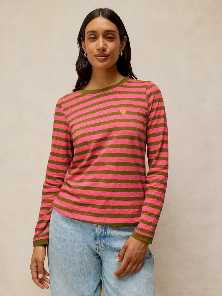 White Stuff Clara Stripe Embroidered Tee Pink Multi. Womens Crew Neck top with Long Sleeve and Regular Fit that's Machine Washable. Material: 100% Cotton