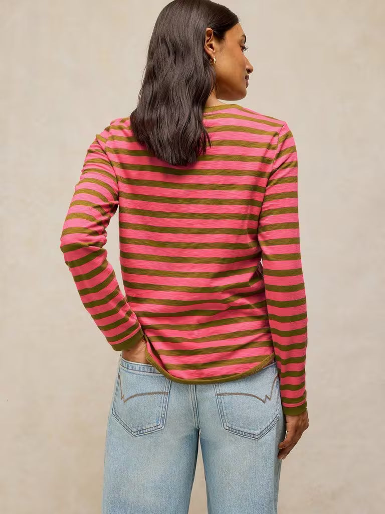 White Stuff Clara Stripe Embroidered Tee Pink Multi. Womens Crew Neck top with Long Sleeve and Regular Fit that's Machine Washable. Material: 100% Cotton