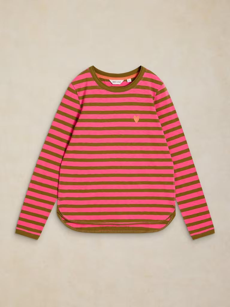 White Stuff Clara Stripe Embroidered Tee Pink Multi. Womens Crew Neck top with Long Sleeve and Regular Fit that's Machine Washable. Material: 100% Cotton