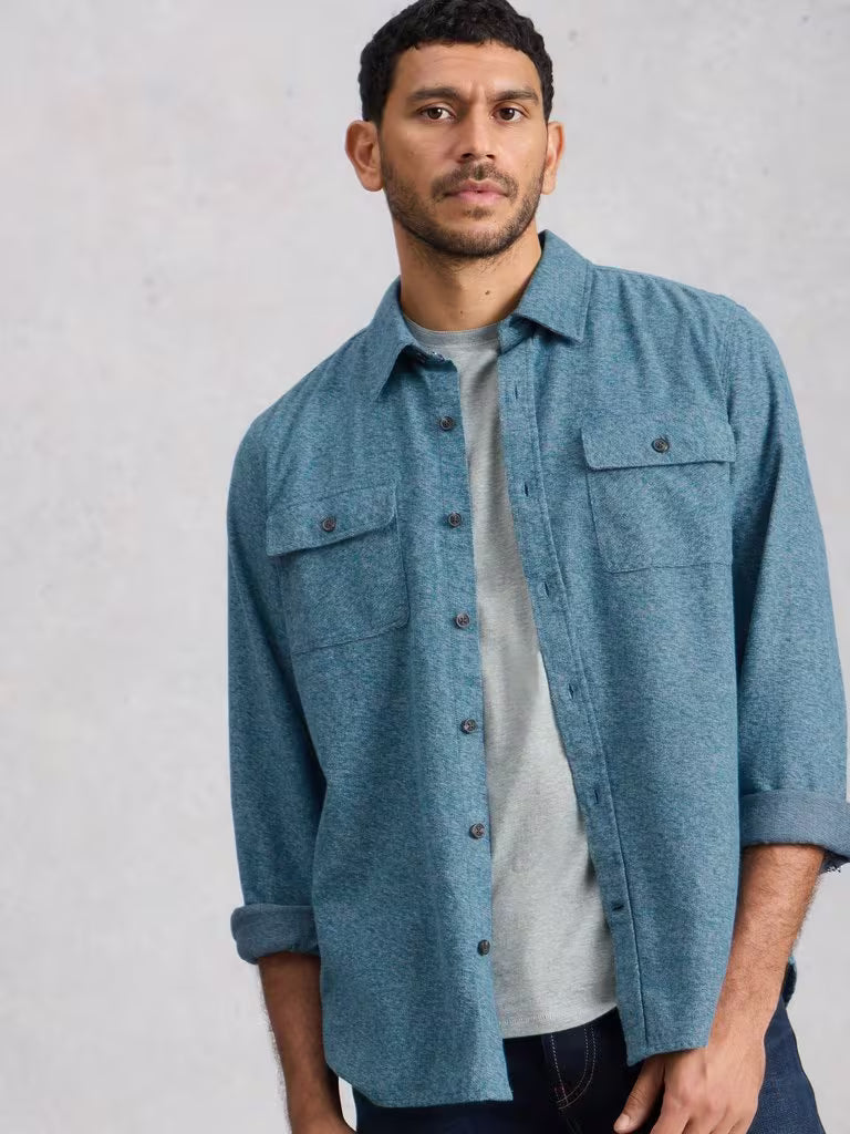 White Stuff Darwen Grindle Shirt Mid Blue mens Collar with Long Sleeve that's Classic Fit and Machine Washable Colour: Mid Blue Material: 100% Organic Cotton