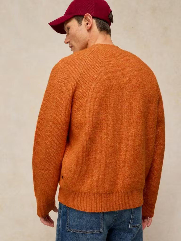 White Stuff Flint Fisherman Jumper Bright Orange. Men's Crew Neck with Long Sleeve and a Classic Fit that's Machine Washable. Material: 54% Recycled Polyester, 38% Acrylic, 5% Wool & 3% Elastane
