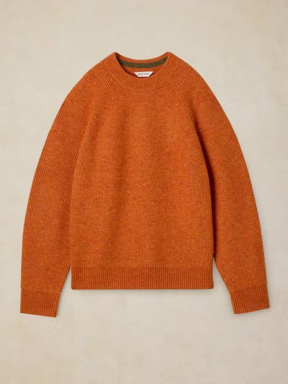 White Stuff Flint Fisherman Jumper Bright Orange. Men's Crew Neck with Long Sleeve and a Classic Fit that's Machine Washable. Material: 54% Recycled Polyester, 38% Acrylic, 5% Wool & 3% Elastane