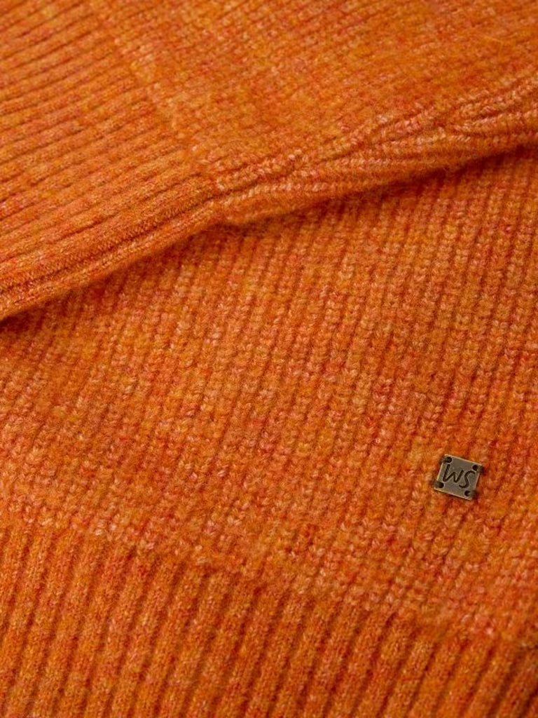White Stuff Flint Fisherman Jumper Bright Orange. Men's Crew Neck with Long Sleeve and a Classic Fit that's Machine Washable. Material: 54% Recycled Polyester, 38% Acrylic, 5% Wool & 3% Elastane