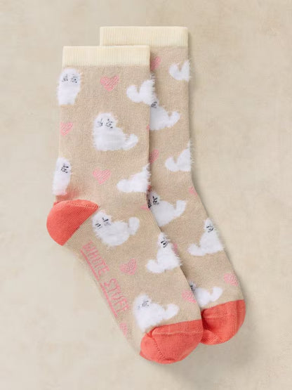 White Stuff Fluffy Cat Ankle Socks Dark Natural