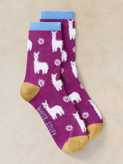White Stuff Fluffy Llama Ankle Socks Mid Purple