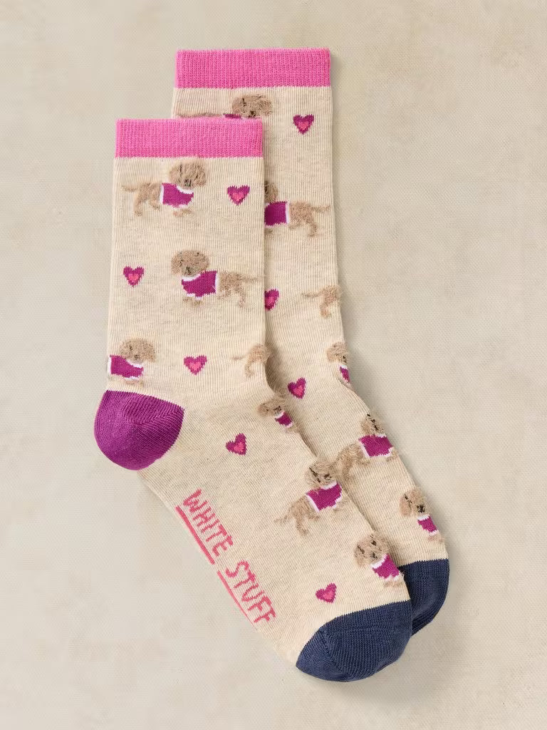 White Stuff Fluffy Sausage Dog Ankle Socks Natural