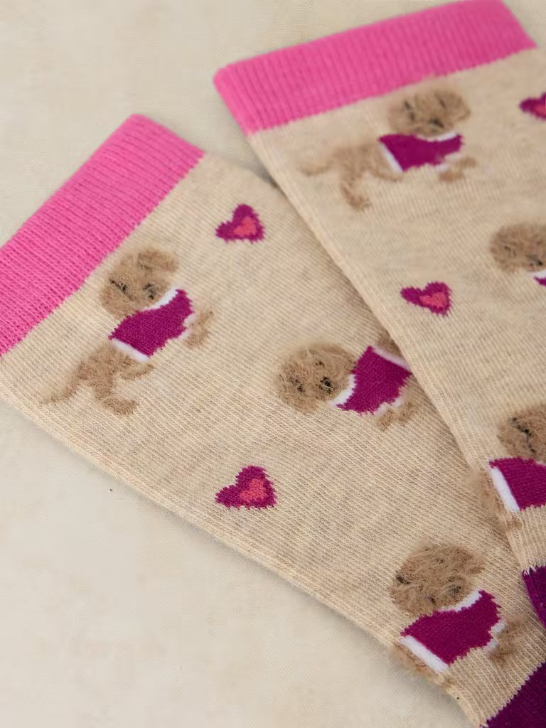 White Stuff Fluffy Sausage Dog Ankle Socks Natural