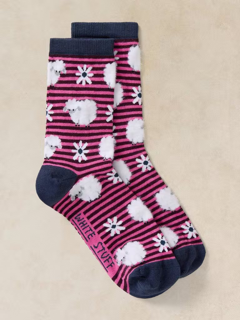 White Stuff Fluffy Strip Sheep Ankle Socks Dark Pink