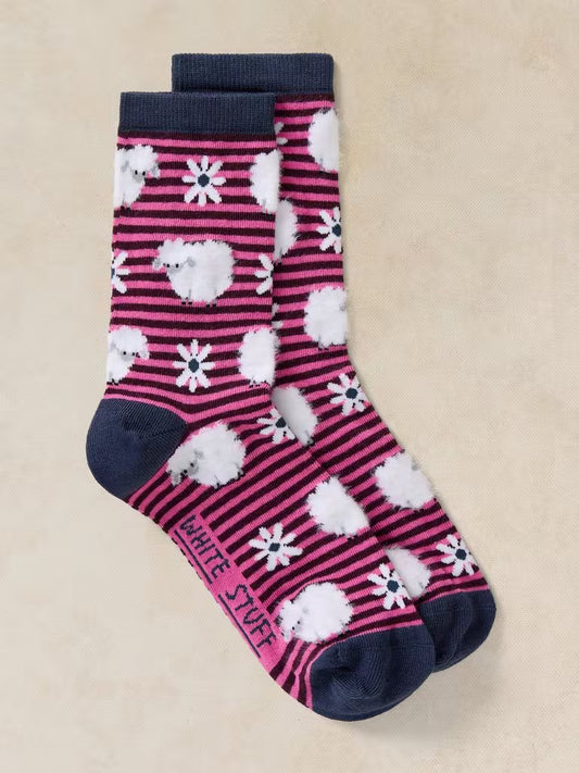 White Stuff Fluffy Strip Sheep Ankle Socks Dark Pink