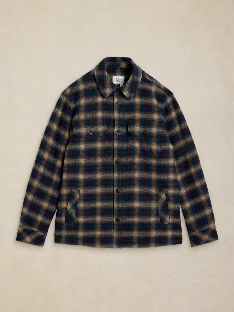 White Stuff Hetton Check Borg Lined Jacket Navy Multi. Mens Jacket with Collar and Long Sleeve with Borg Lined that's Dry Clean Only Material: 79% Recycled Polyester, 17% Wool, 2% Acrylic, 1% Polyamide & 1% Viscose