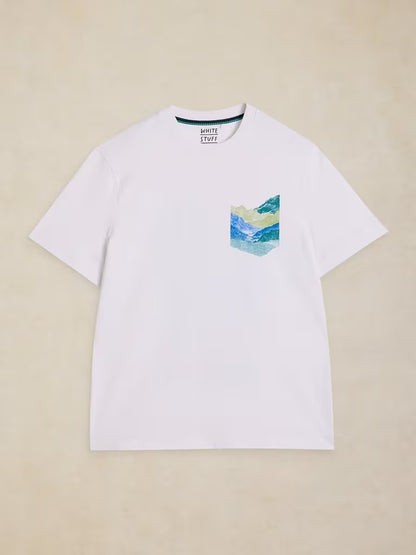 White Stuff Horsham Graphic Tee White Print. Men's Crew Neck tee with Short Sleeve that's Regular Fit and Machine Washable. Material: 100% Organic Cotton