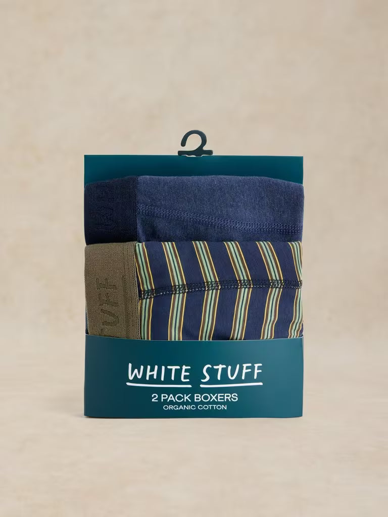 White Stuff Hove 2 Pack Boxers Green Print. Mens Regular fit boxers that are Machine Washable. Material: 95% Organic Cotton & 5% Elastane