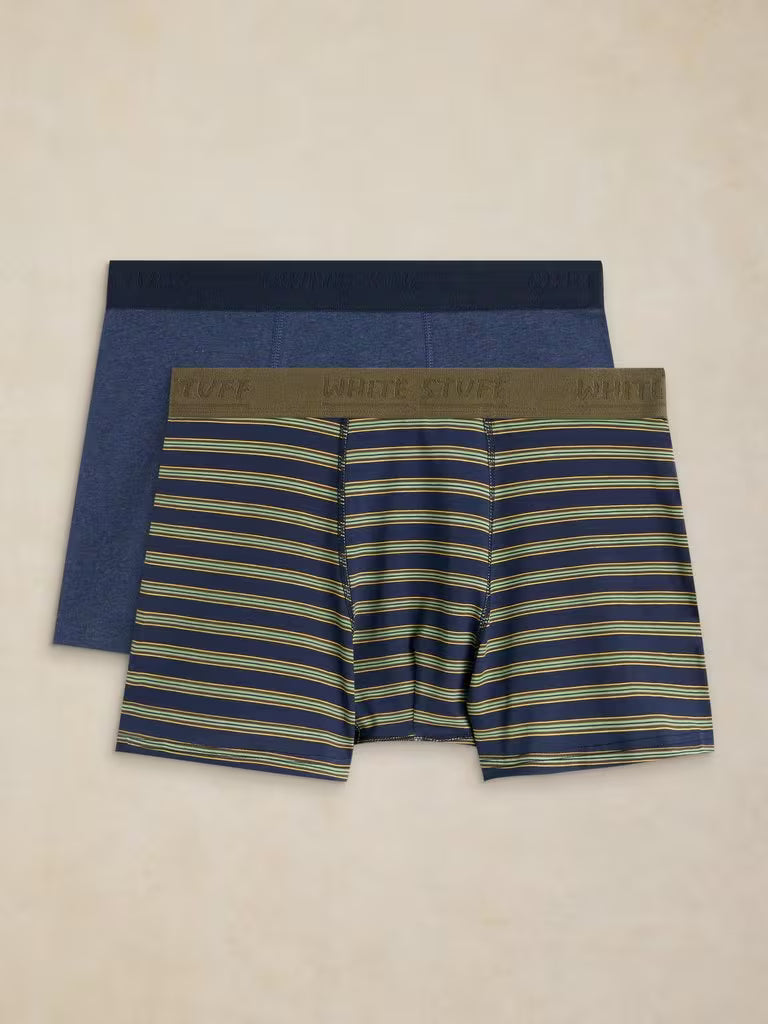 White Stuff Hove 2 Pack Boxers Green Print. Mens Regular fit boxers that are Machine Washable. Material: 95% Organic Cotton & 5% Elastane