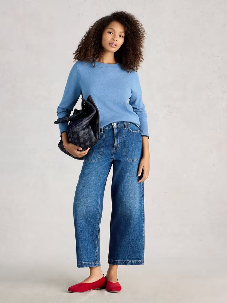 White Stuff Katie Long Sleeve Crew Neck Jumper Mid Blue womens Crew Neck with Long Sleeve and Regular Fit that's Machine Washable 69% Organic Cotton & 31% Extrafine Merino Wool Style Colour: Mid Blue Code