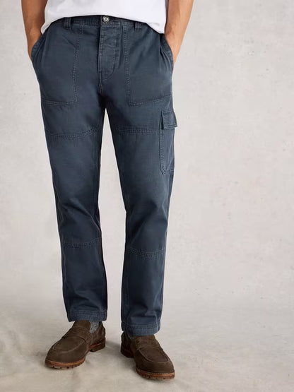 White Stuff Kemble Cargo Trousers Dark Navy. Men's Relaxed fit trousers that are Full Length and Machine Washable. Material: 100% Organic Cotton