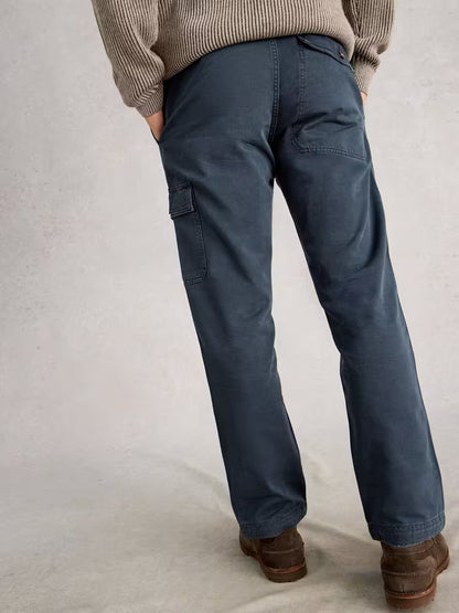 White Stuff Kemble Cargo Trousers Dark Navy. Men's Relaxed fit trousers that are Full Length and Machine Washable. Material: 100% Organic Cotton