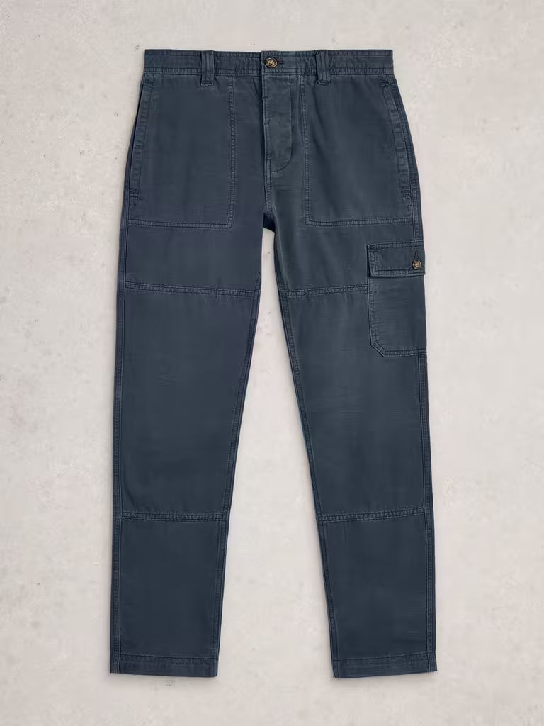 White Stuff Kemble Cargo Trousers Dark Navy. Men's Relaxed fit trousers that are Full Length and Machine Washable. Material: 100% Organic Cotton