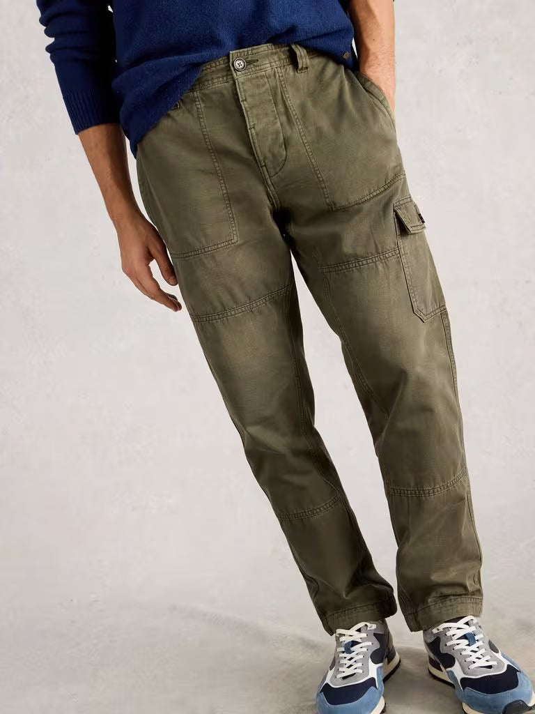 White Stuff Kemble Cargo Trousers Khaki Green. Men's Relaxed fit trousers that are Full Length and Machine Washable. Material: 100% Organic Cotton