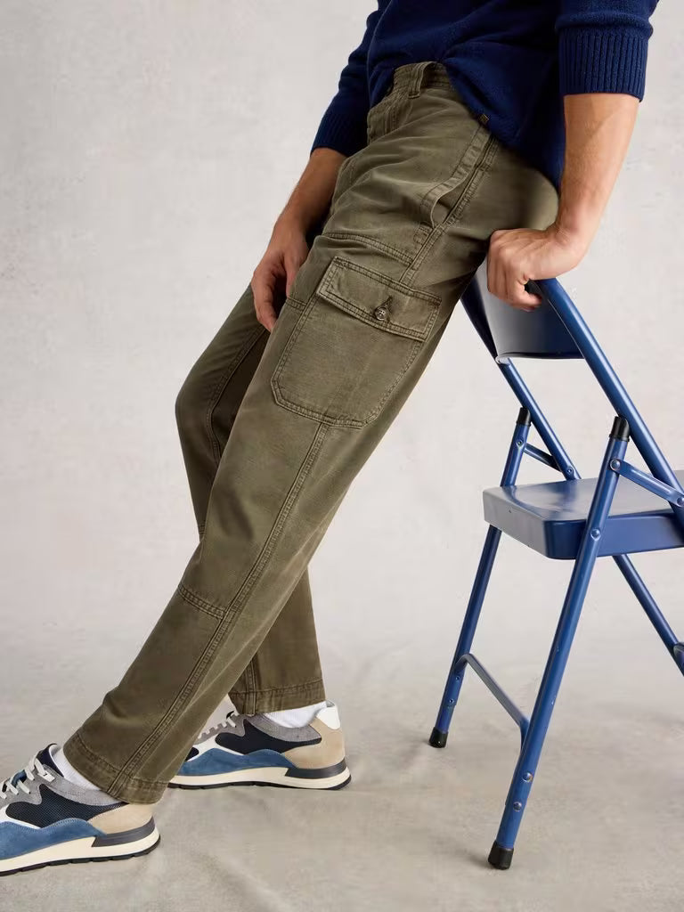 White Stuff Kemble Cargo Trousers Khaki Green. Men's Relaxed fit trousers that are Full Length and Machine Washable. Material: 100% Organic Cotton