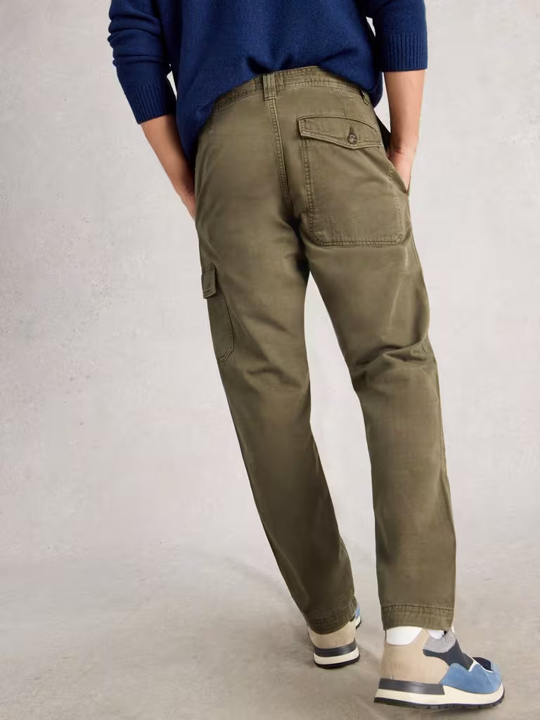 White Stuff Kemble Cargo Trousers Khaki Green. Men's Relaxed fit trousers that are Full Length and Machine Washable. Material: 100% Organic Cotton