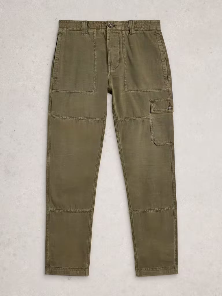 White Stuff Kemble Cargo Trousers Khaki Green. Men's Relaxed fit trousers that are Full Length and Machine Washable. Material: 100% Organic Cotton