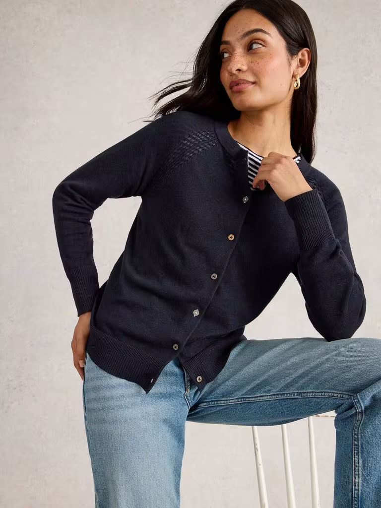 White Stuff Lulu Cardi Dark Navy women's Crew Neck that is Long Sleeve and Regular fit that can be Machine Washable Colour: Dark Navy Material: 100% Organic Cotton Style Code: 438568