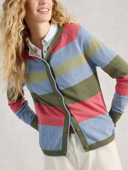 White Stuff Lulu Crew Neck Stripe Cardi Green Multi womens Crew Neck with Long Sleeve that's Regular fit and Machine Washable Material: 100% Organic Cotton