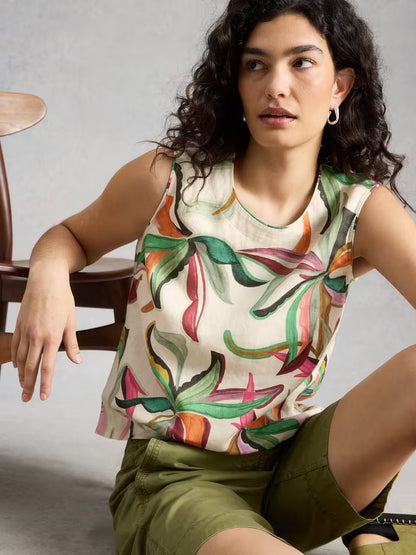 White Stuff Matilda Linen Vest Natural Print