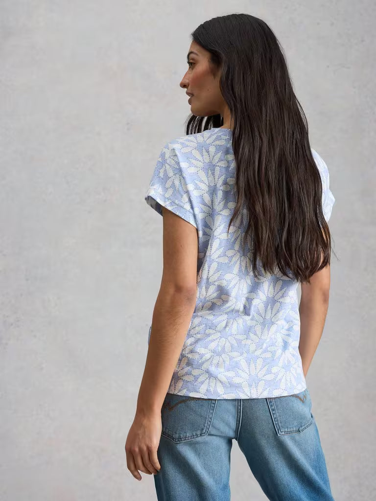 White Stuff Nelly Notch Neck Short Sleeve T-shirt Blue Print
