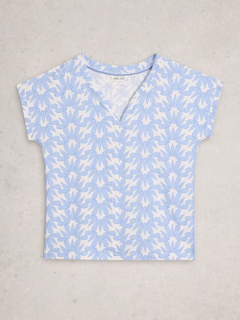 White Stuff Nelly Notch Neck Short Sleeve T-shirt Blue Print
